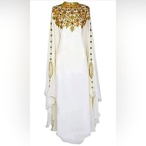 NEW Abaya Kaftan White Gown Maxi Dubai Moroccan Kaftan Farasha Dress Long Small